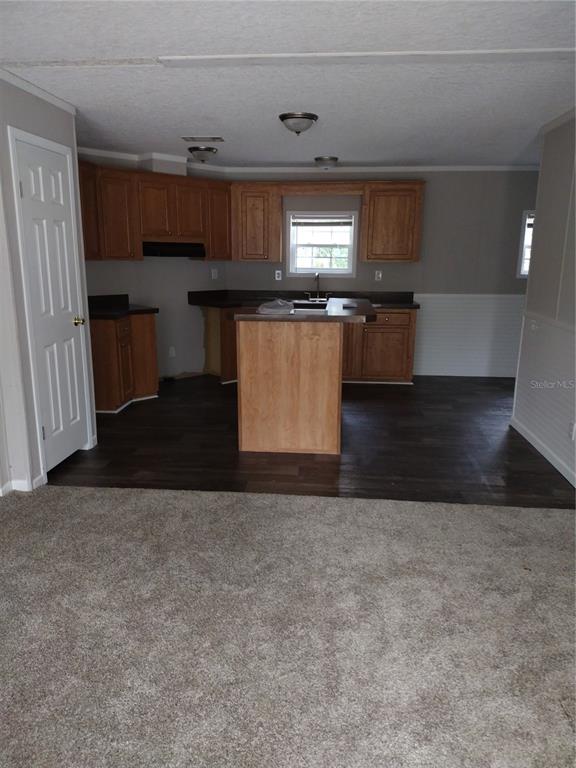 A kitchen with wood cabinets and a center island features dark flooring and carpeted areas — 13144 SW 18TH STREET ROAD, OCALA, FL