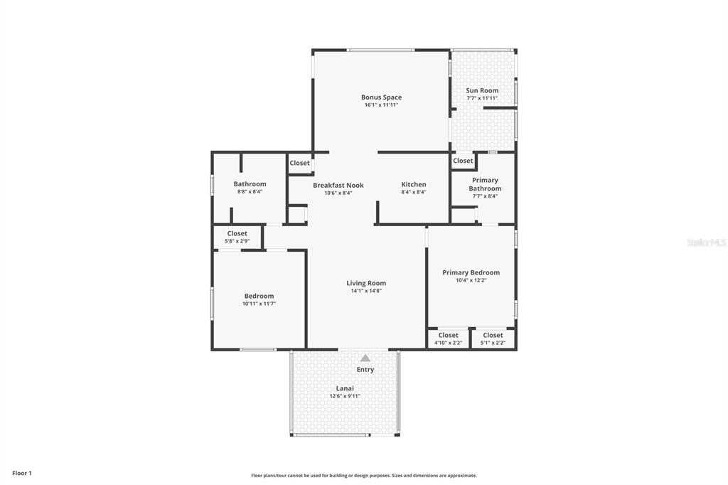 This is a floor plan of a single-story home with a lanai and sun room — 2100 KINGS HIGHWAY UNIT 877, PORT CHARLOTTE, FL