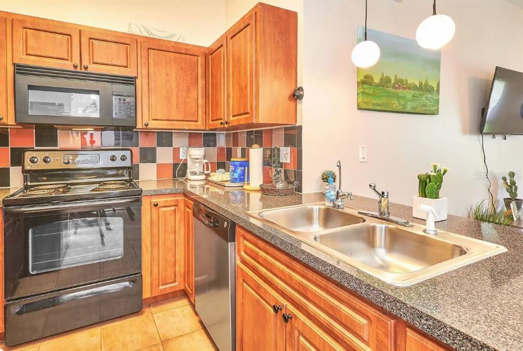 A kitchen features wood cabinets, a black stove, stainless steel appliances, and a double sink — 800 E BAKER STREET, TAMPA, FL