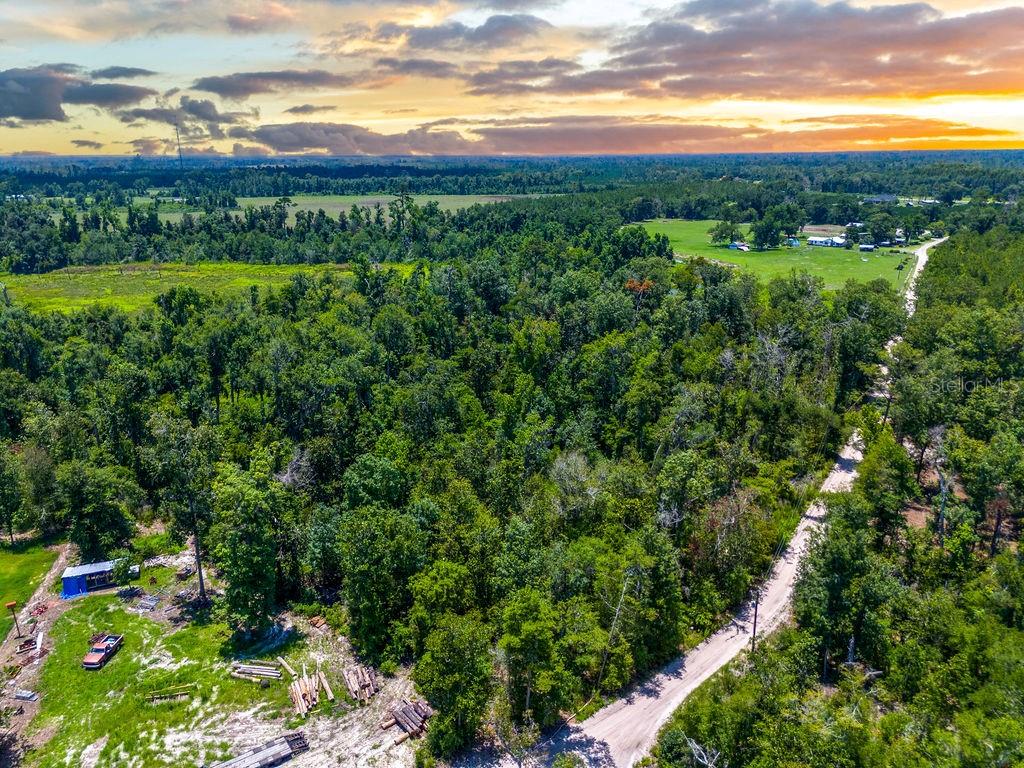 An aerial view shows a dirt road winding through a dense forest and open fields — 7679 NW 28TH STREET, JENNINGS, FL