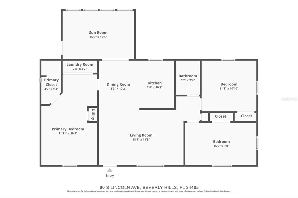 This is a floor plan for a single-story house with three bedrooms and a sun room — 60 S LINCOLN AVENUE, BEVERLY HILLS, FL