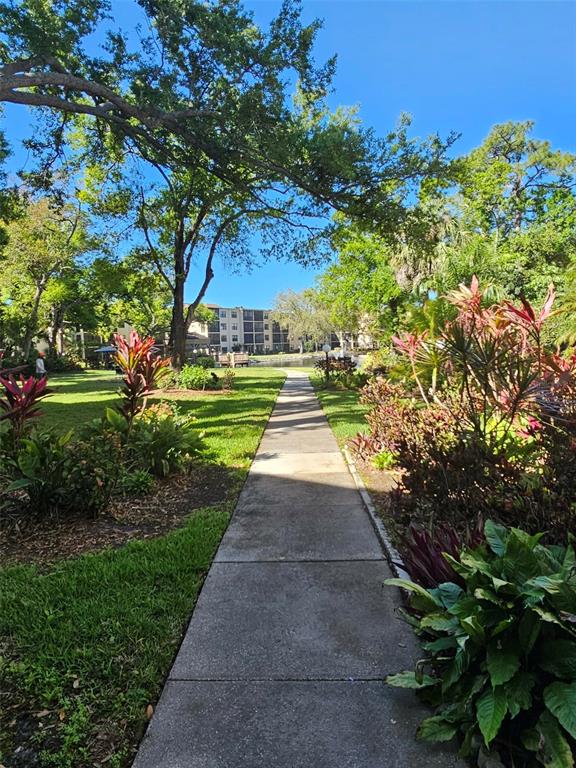 A concrete walkway leads through a landscaped garden toward a multi-story apartment building — 315 30TH AVENUE W UNIT B307, BRADENTON, FL
