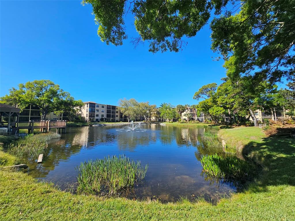 A pond with a fountain sits in front of multi-story apartment buildings and trees — 315 30TH AVENUE W UNIT B307, BRADENTON, FL