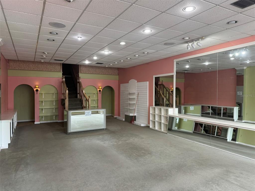 A commercial space features pink walls, a drop ceiling, carpeted flooring, and built-in shelving — 3411 SW 34TH STREET, GAINESVILLE, FL