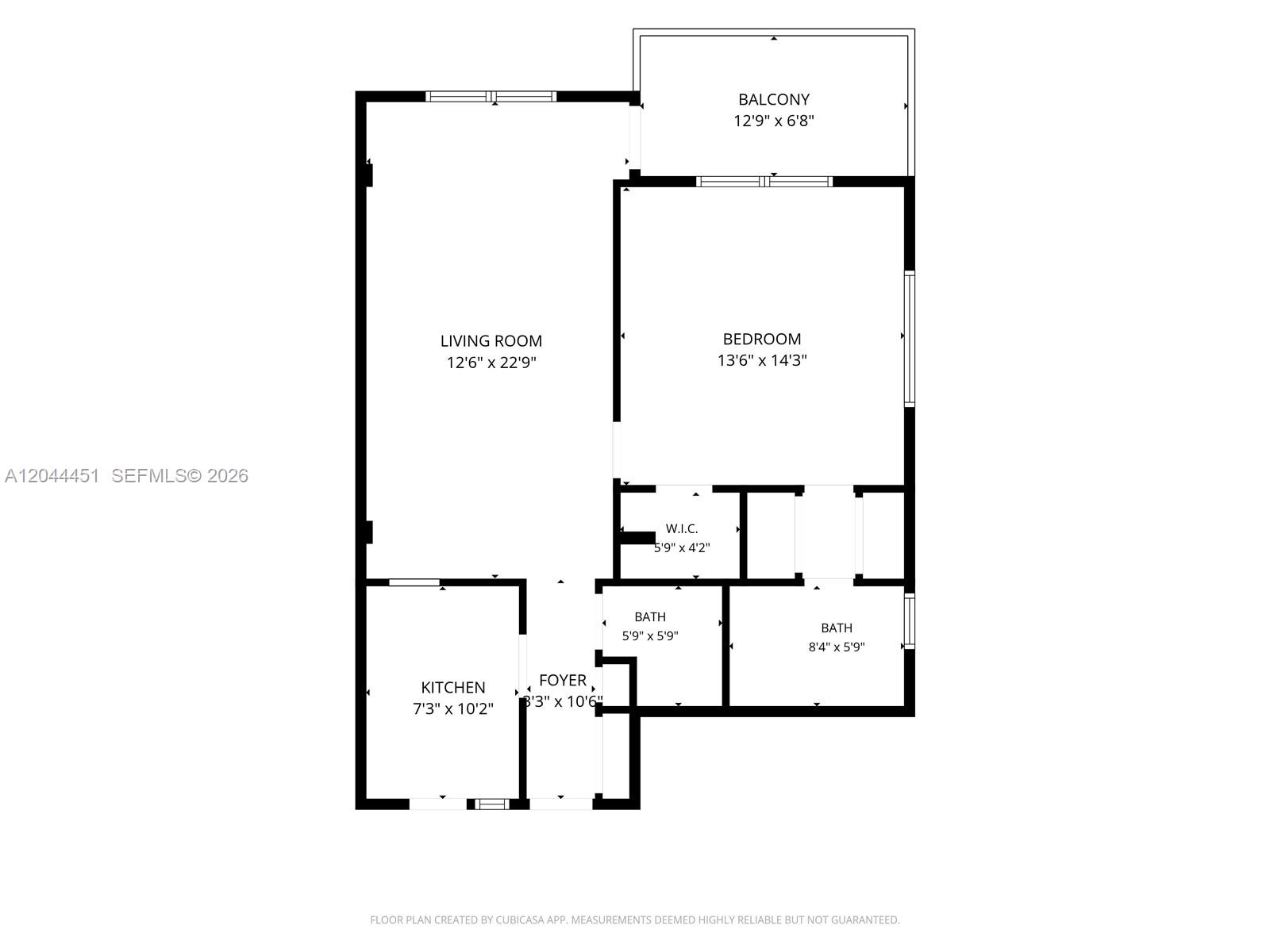 This is a floor plan for a one-bedroom apartment with a balcony and two bathrooms — 1575 Euclid Ave # 305, Miami Beach FL 33139, MIAMI BEACH, FL