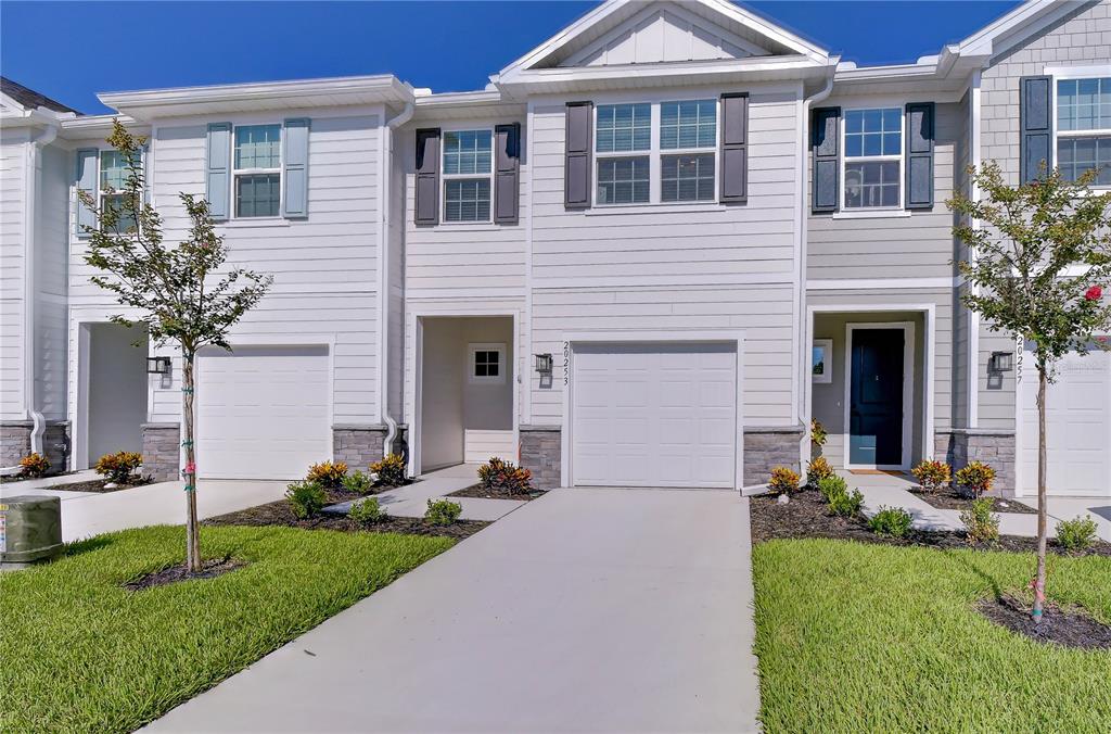 A row of three modern townhouses with white siding, attached garages, and small front lawns — 20253 LOU ANGELA LANE, LUTZ, FL