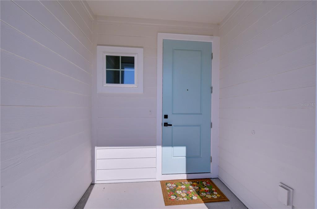 A light blue front door with a small window sits in a white entryway — 20253 LOU ANGELA LANE, LUTZ, FL