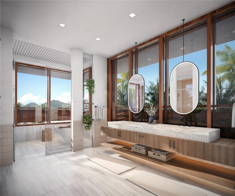 This rendering shows a modern bathroom with a double vanity, hanging mirrors, and floor-to-ceiling windows — 500 MAREA RESIDENCES, COCO BEACH BLVD UNIT 3301, RIO GRANDE, PR