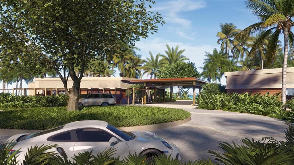 This architectural rendering shows a modern building entrance with a circular driveway and luxury cars — 500 MAREA RESIDENCES, COCO BEACH BLVD UNIT 3301, RIO GRANDE, PR