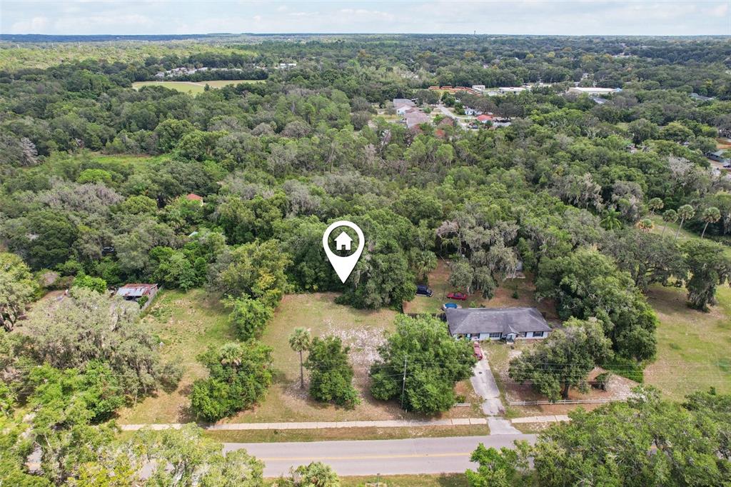 An aerial view shows a vacant lot with trees next to a single-story house — 847 PALMETTO STREET, EUSTIS, FL