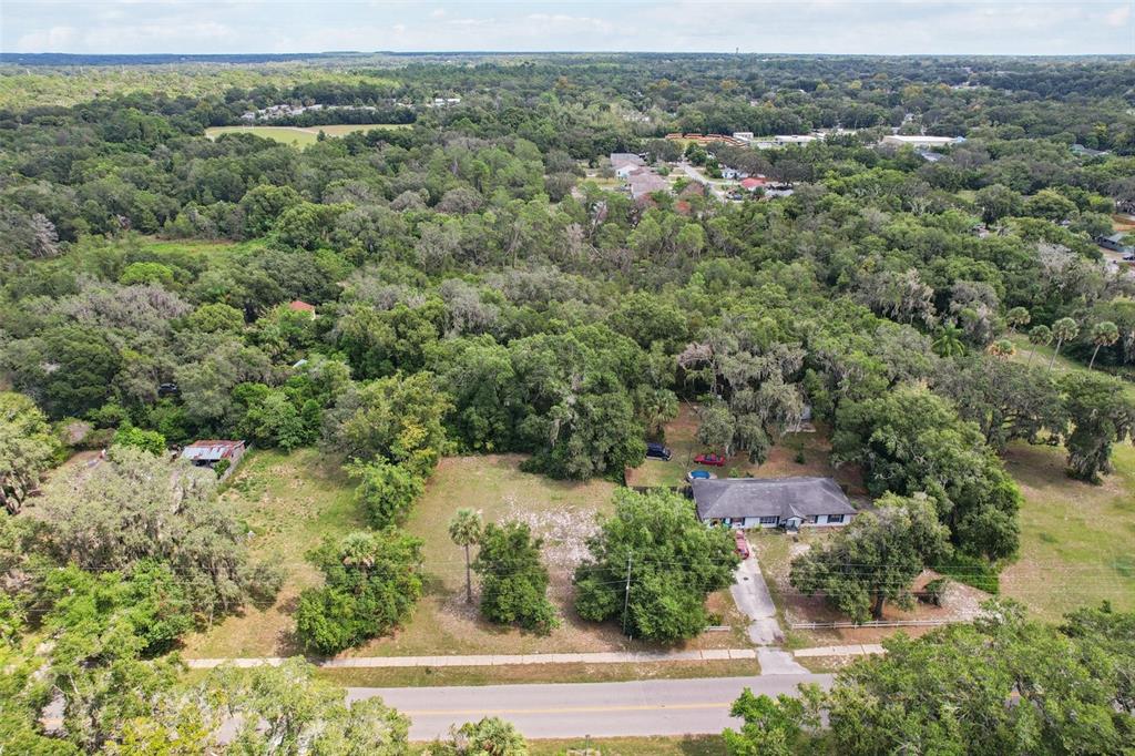 An aerial view shows a house with a driveway and a large, wooded backyard — 847 PALMETTO STREET, EUSTIS, FL