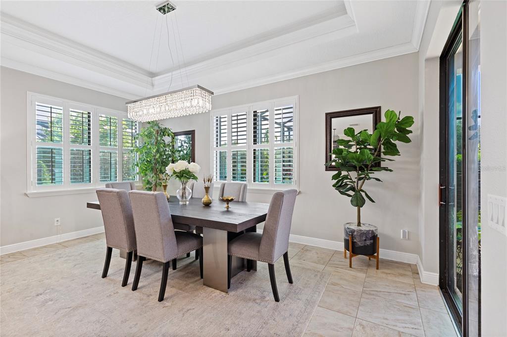 A dining room features a rectangular table, six gray chairs, and a crystal chandelier — 743 WELLINGTON COURT, OLDSMAR, FL