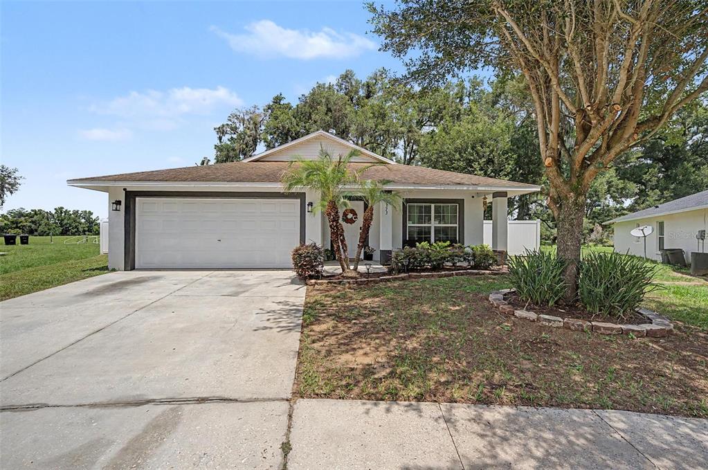 A single-story house with a white exterior, a two-car garage, and a front yard — 15373 CALLISTA LANE, DADE CITY, FL
