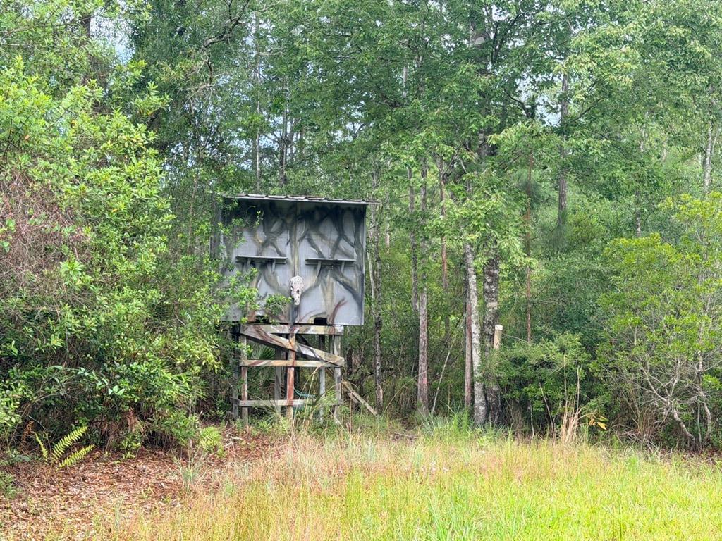 A camouflaged deer hunting blind stands on a wooden platform in a wooded area — 790 NW 42 TERRACE, CHIEFLAND, FL
