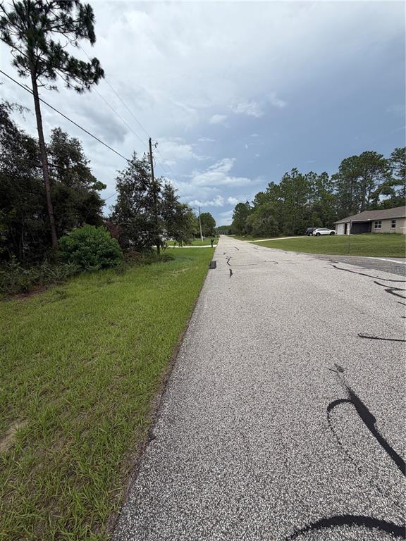A paved residential street stretches into the distance past grassy lawns and trees — 3289 W VIKING LANE, CITRUS SPRINGS, FL