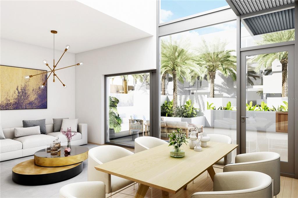 This rendering shows a modern dining and living area with floor-to-ceiling windows and patio access — 2170 ROBINHOOD STREET UNIT C1-202, SARASOTA, FL
