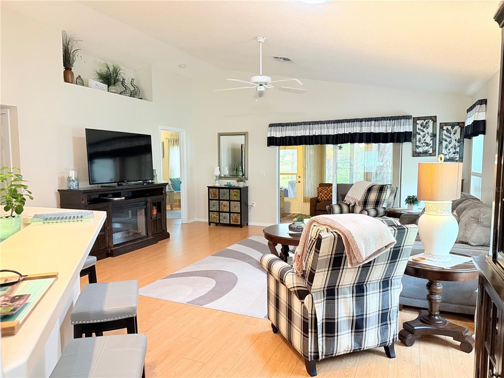 A living room features light wood flooring, a vaulted ceiling, and a plaid armchair — 265 CENTER OAK CIRCLE, SPRING HILL, FL