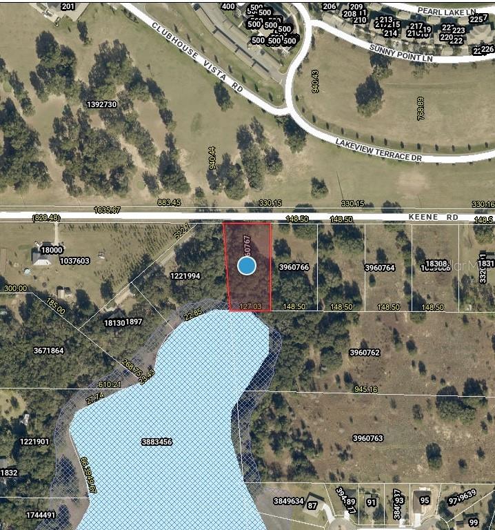 This is a map showing a highlighted rectangular land parcel adjacent to a lake — TBD KEENE ROAD, ALTOONA, FL