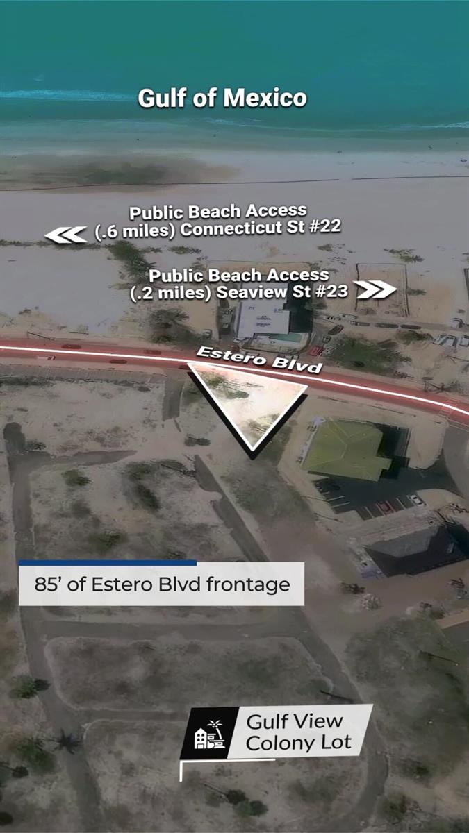 This aerial map shows a vacant lot with Estero Boulevard frontage near the beach — 2915 Estero Boulevard, FL 33931, FL