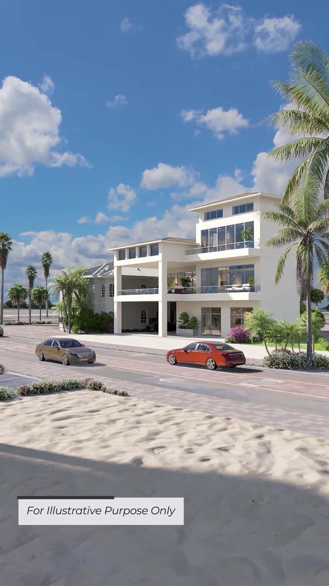 A digital rendering shows a multi-story white modern building with balconies and palm trees — 2915 Estero Boulevard, FL 33931, FL