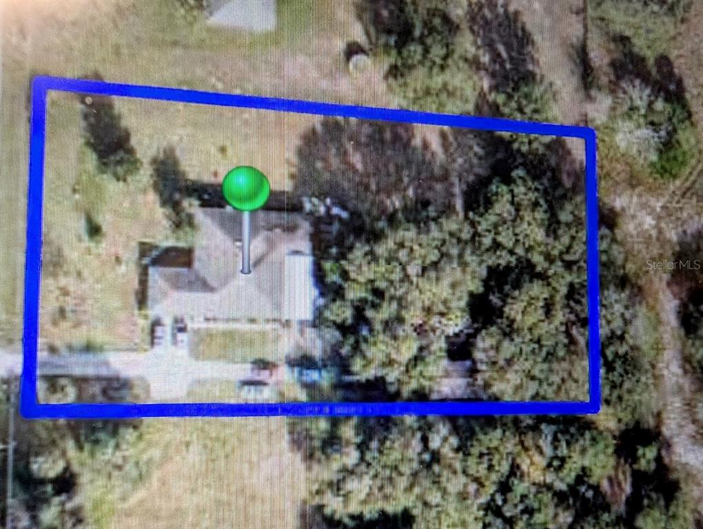 This is an aerial map view of a residential property outlined in blue — 310 TOMATO HILL ROAD, LEESBURG, FL
