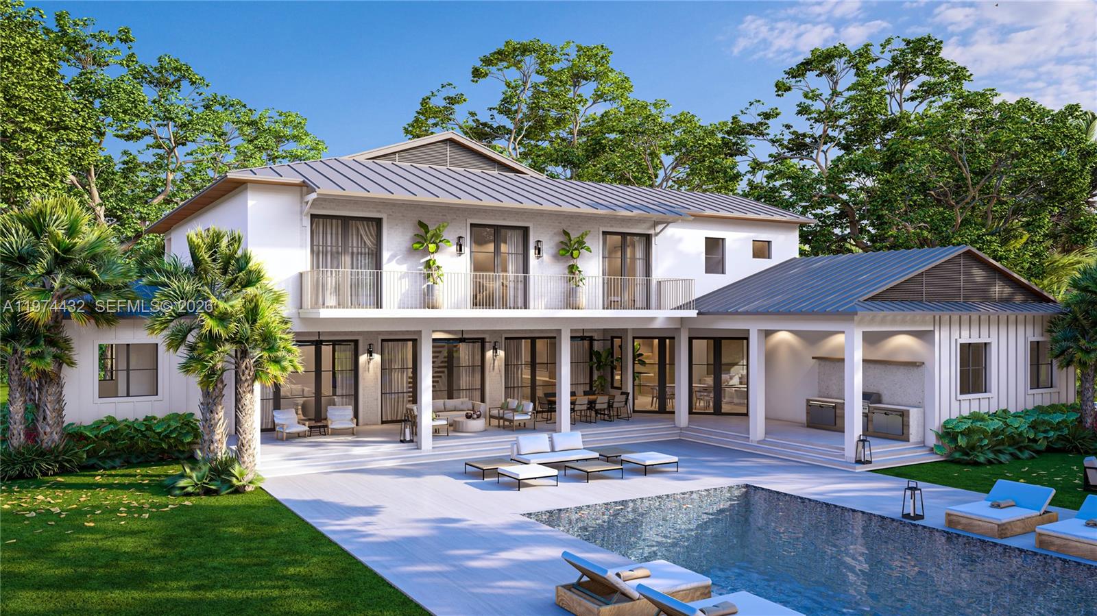 This is a rendering of a two-story house exterior featuring a pool and patio area — 8901 SW 120th St, Miami FL 33176, MIAMI, FL