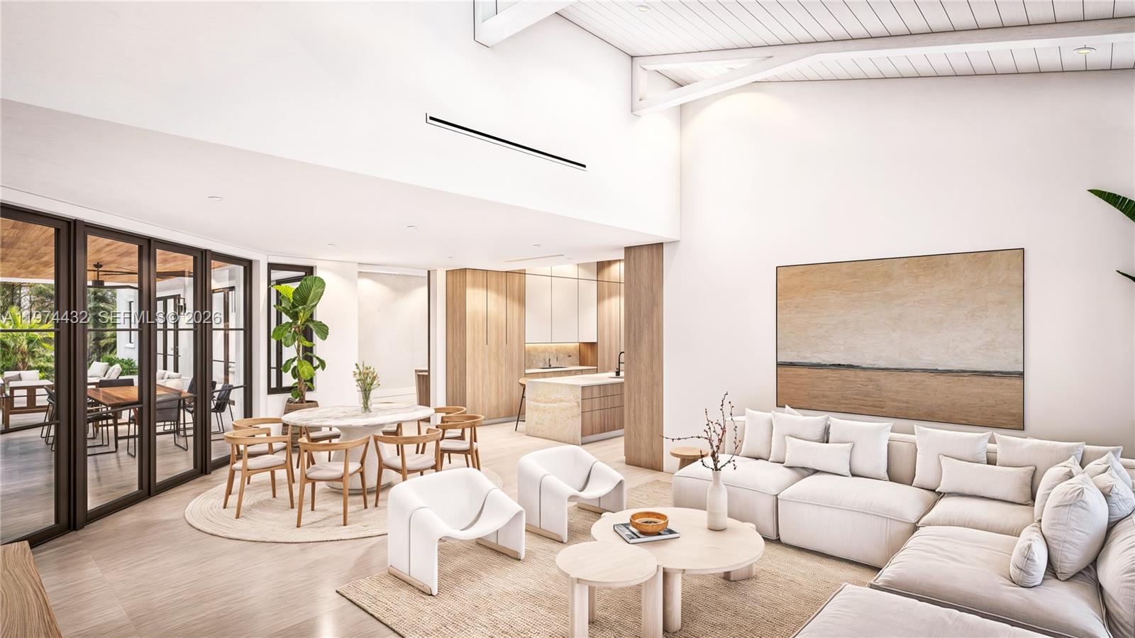 This is a rendering of an open-concept living and dining area with modern neutral decor — 8901 SW 120th St, Miami FL 33176, MIAMI, FL