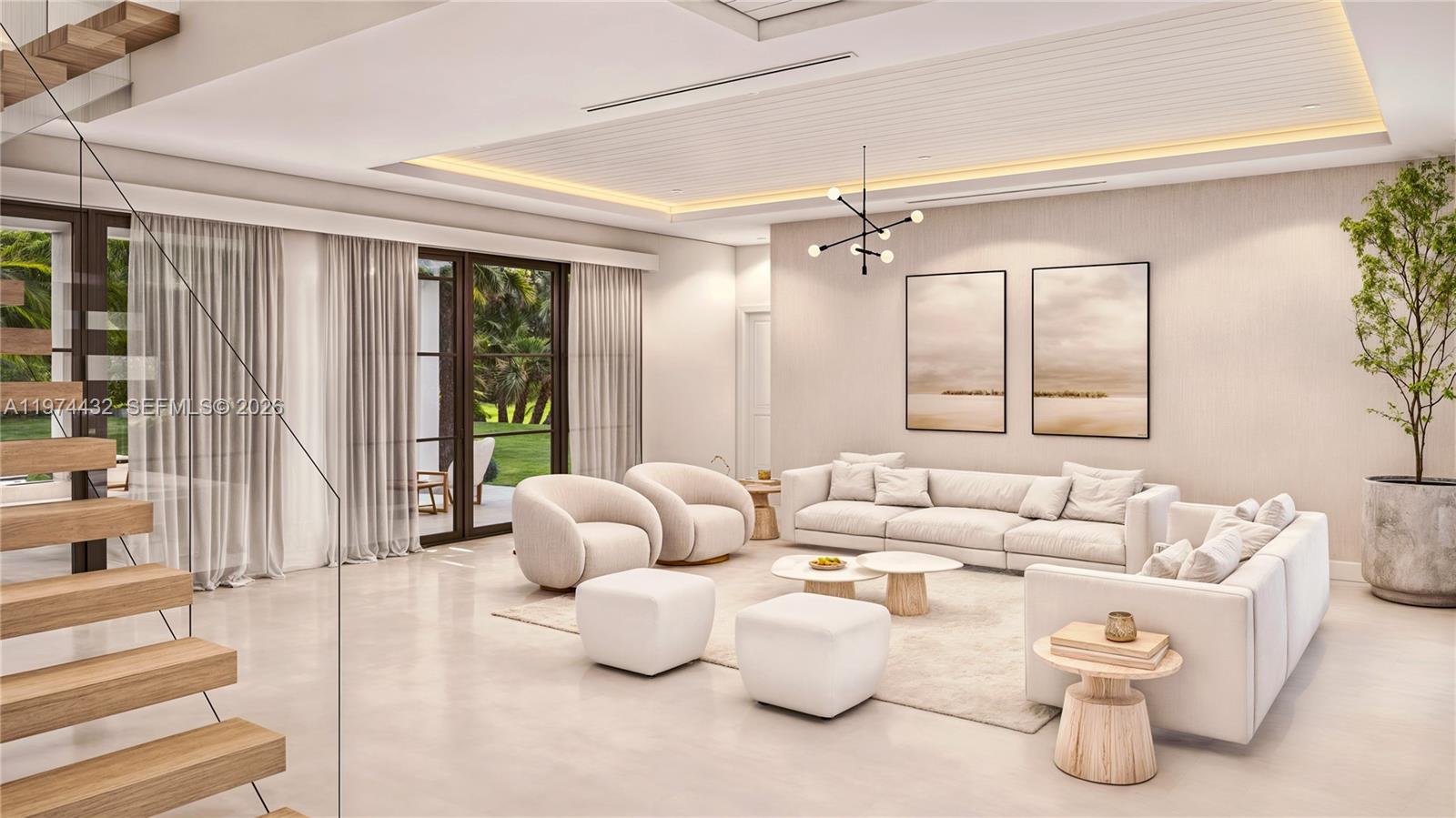 This rendering shows a modern living room with neutral furniture, a staircase, and large windows — 8901 SW 120th St, Miami FL 33176, MIAMI, FL