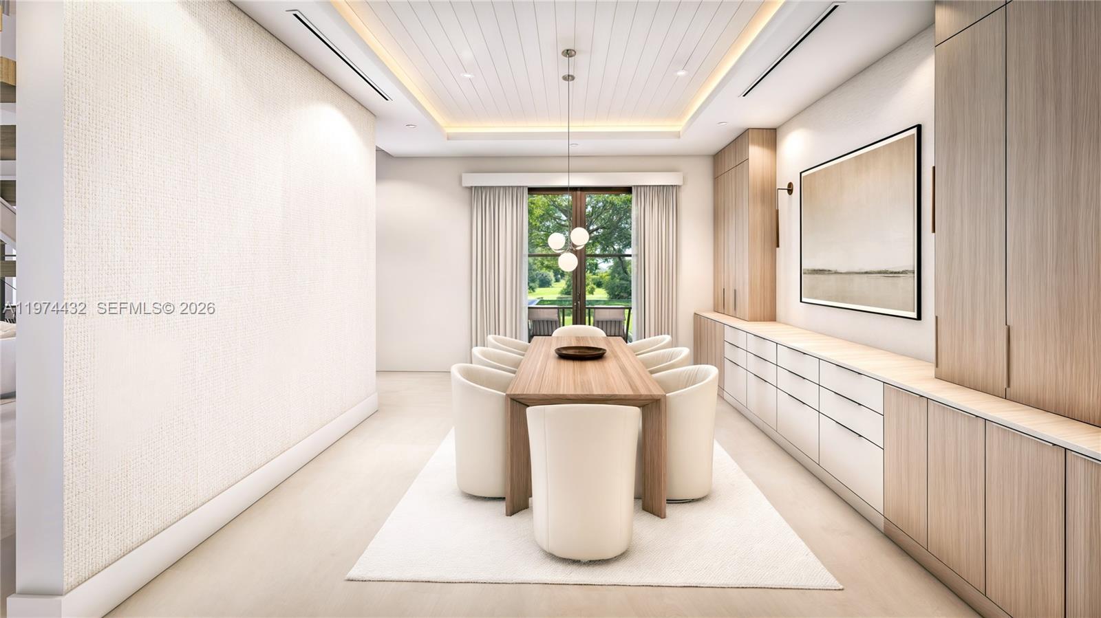 This rendering shows a modern dining room with a wooden table, white chairs, and cabinetry — 8901 SW 120th St, Miami FL 33176, MIAMI, FL