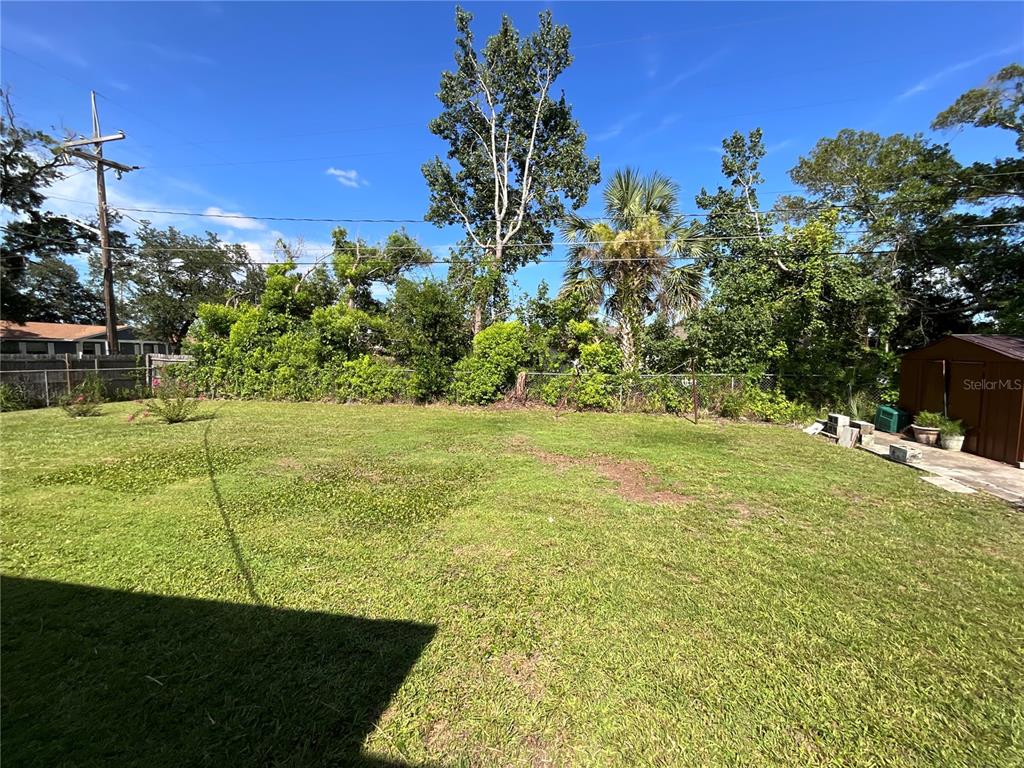 A grassy backyard features a chain-link fence, mature trees, and a small storage shed — 2423 SAVOY DRIVE, ORLANDO, FL