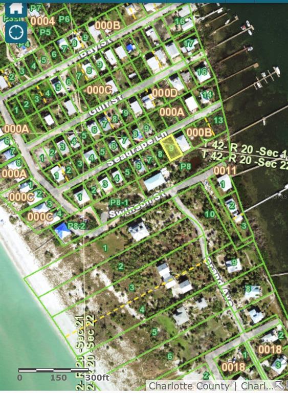 This is a satellite map showing residential property lots and streets in a coastal area — 8992 SEAGRAPE LANE, PLACIDA, FL