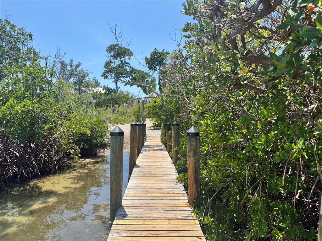 A wooden dock extends through dense green mangroves toward a sandy area — 8992 SEAGRAPE LANE, PLACIDA, FL
