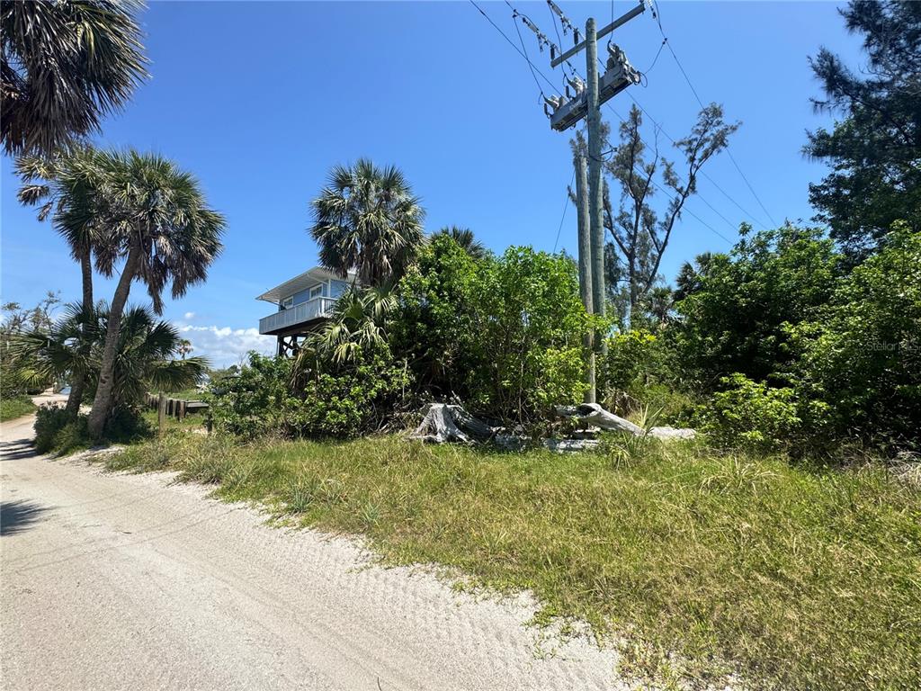 A sandy road leads toward a stilt house surrounded by palm trees and vegetation — 8992 SEAGRAPE LANE, PLACIDA, FL