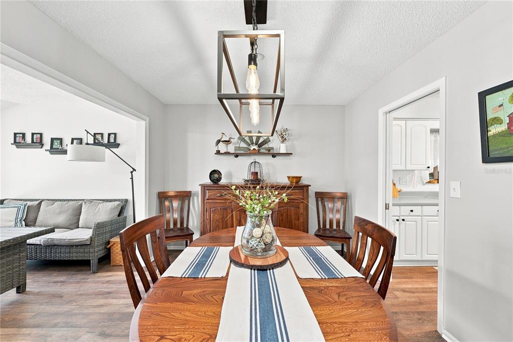 A dining room features a wooden table, a matching sideboard, and a geometric pendant light — 1405 HACIENDA DRIVE, SUN CITY CENTER, FL