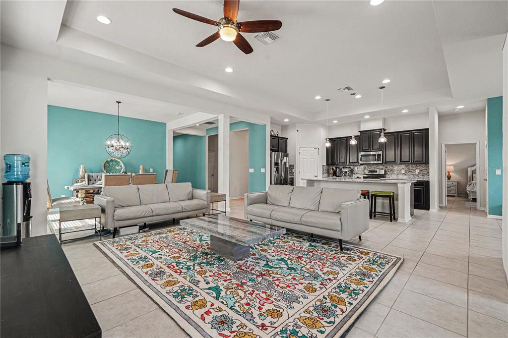 An open-concept living room and kitchen feature light gray sofas, a patterned rug, and teal walls — 204 SHELL CREEK COURT, APOLLO BEACH, FL