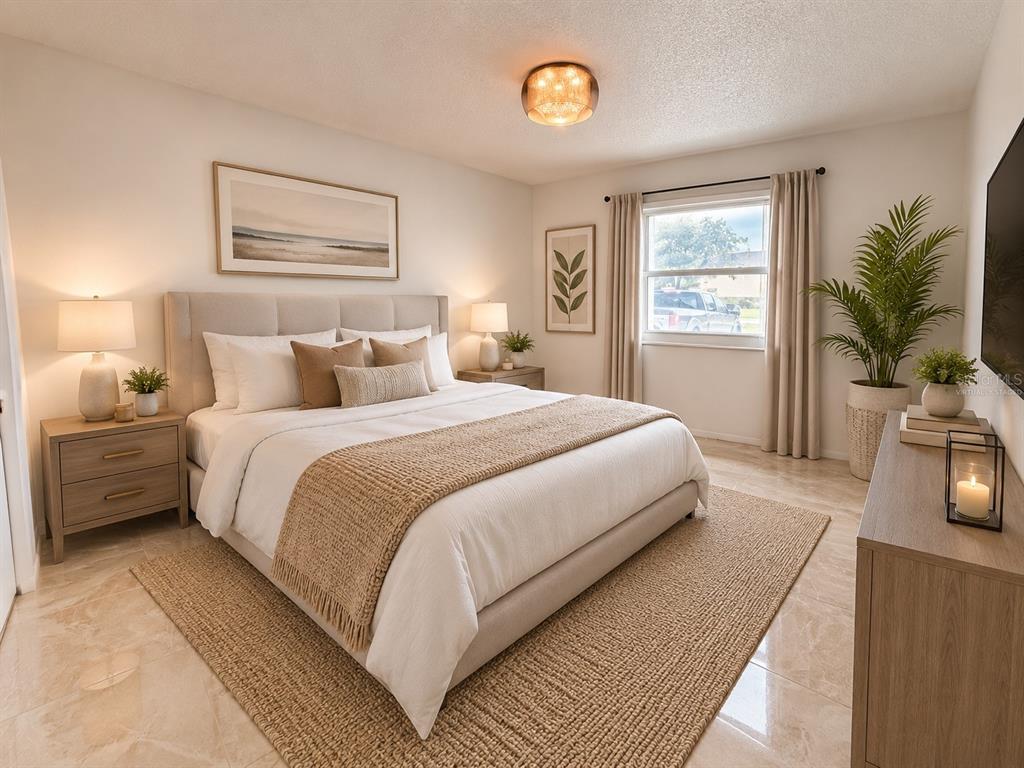 A bedroom features a queen bed, two nightstands, a dresser, and a window with curtains — 206 S 20TH STREET, HAINES CITY, FL