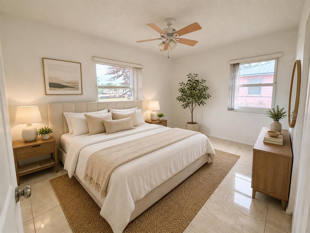 A bedroom features a king-sized bed, two nightstands, a dresser, and a ceiling fan — 206 S 20TH STREET, HAINES CITY, FL