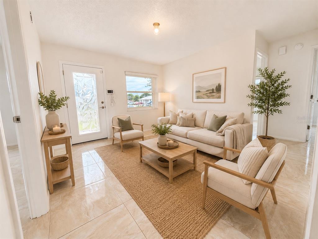 A bright living room features light tile floors, a beige sofa, two armchairs, and a rug — 206 S 20TH STREET, HAINES CITY, FL