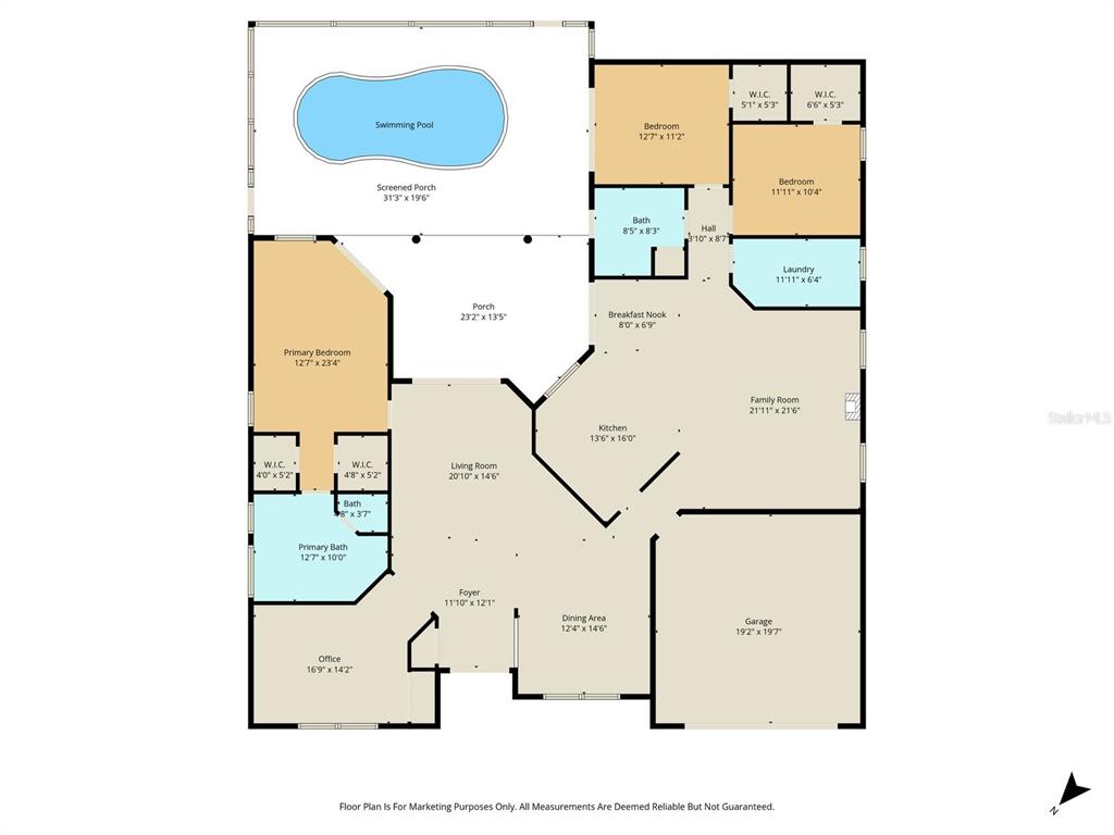This is a floor plan of a single-story house featuring a swimming pool and porch — 5628 W HUNTERS RIDGE CIRCLE, LECANTO, FL