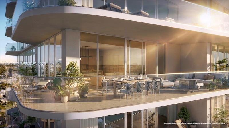 This architectural rendering shows a modern apartment balcony with outdoor dining furniture and glass railings — NORTH MIAMI, FL