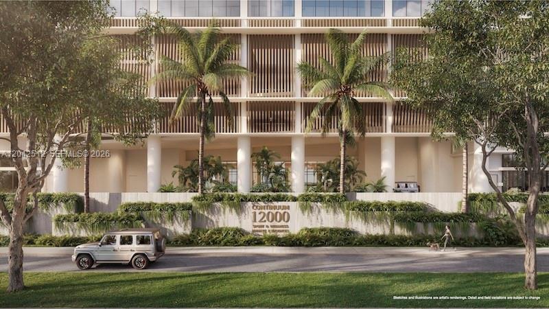This is a rendering of a modern building exterior featuring palm trees and a parked SUV — NORTH MIAMI, FL