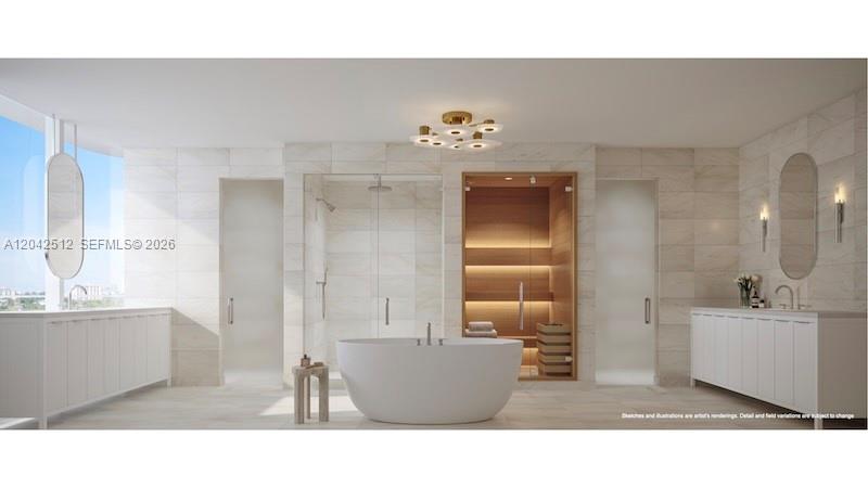 This rendering shows a modern bathroom with a freestanding tub, glass shower, and wooden sauna — NORTH MIAMI, FL