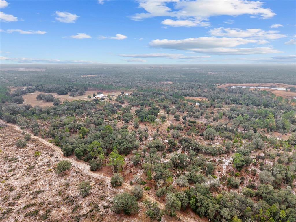 An aerial view shows a large, wooded rural property with a house and outbuildings — NE 131 PLACE, ARCHER, FL