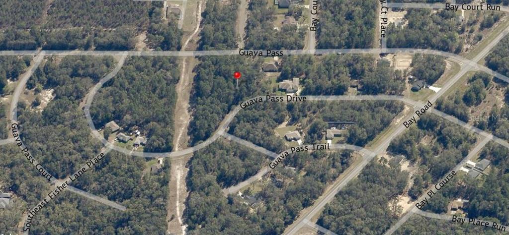 This is an aerial map view showing a wooded residential lot marked with a red pin — Lot 26 GUAVA PASS DRIVE, OCKLAWAHA, FL