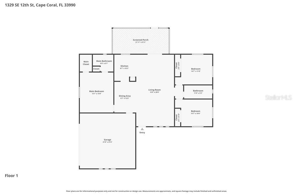 This is a floor plan for a single-story house with a garage and screened porch — 1329 SE 12TH STREET, CAPE CORAL, FL