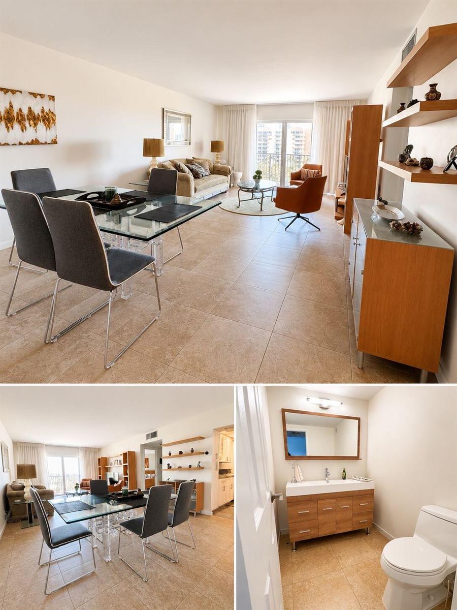 A living and dining area with tile floors, glass table, and an adjacent bathroom — 1200 Hibiscus Avenue # 806, Pompano Beach FL 33062, POMPANO BEACH, FL