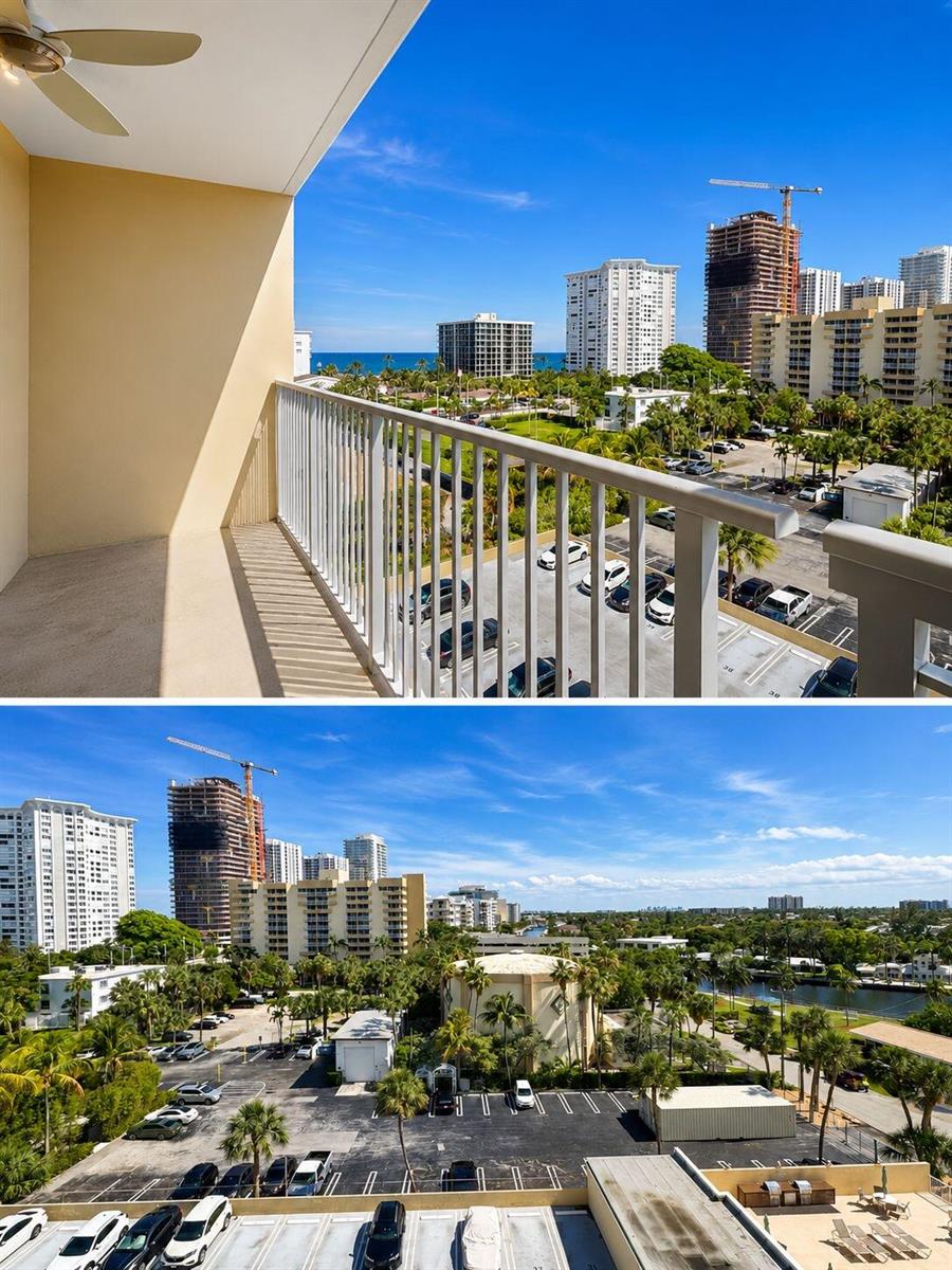 A balcony view overlooks a parking lot, palm trees, nearby buildings, and the distant ocean — 1200 Hibiscus Avenue # 806, Pompano Beach FL 33062, POMPANO BEACH, FL