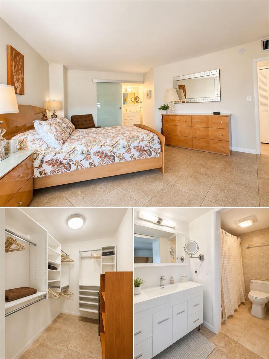 A bedroom with a floral bed, wooden furniture, and an attached walk-in closet and bathroom — 1200 Hibiscus Avenue # 806, Pompano Beach FL 33062, POMPANO BEACH, FL