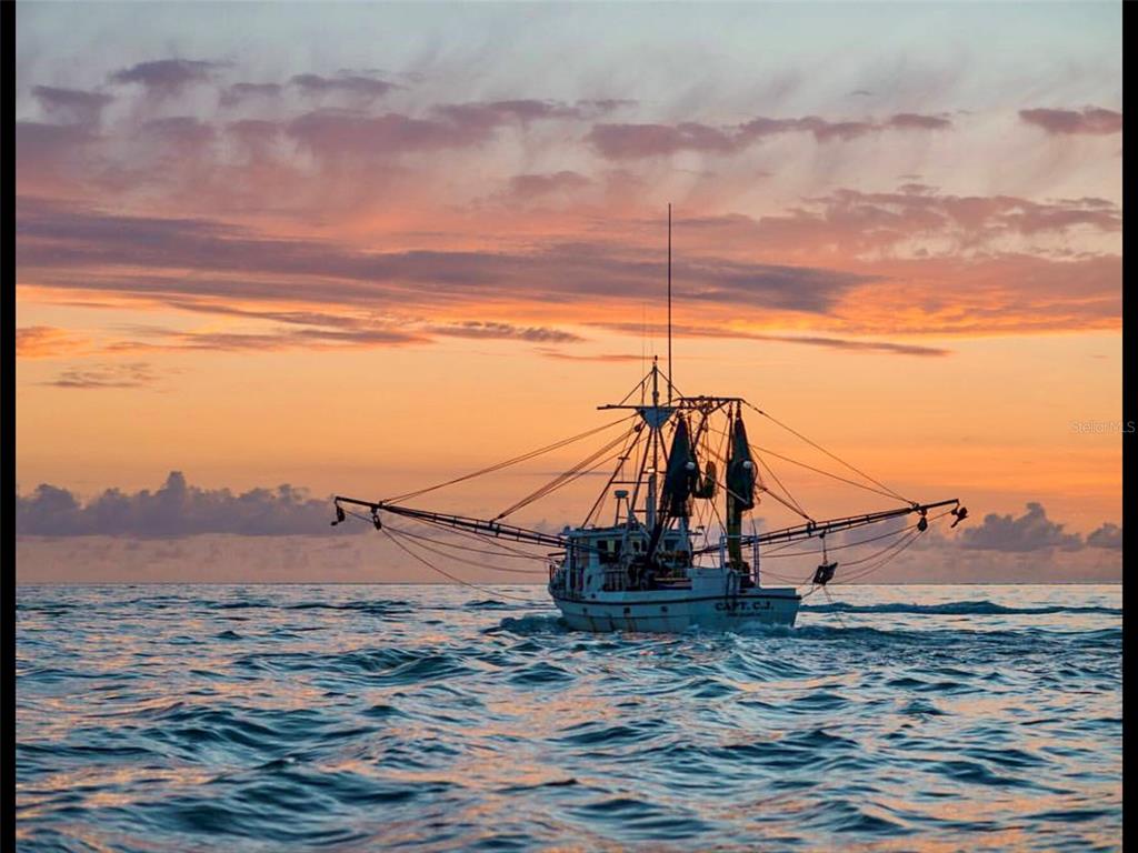 A fishing boat travels across the water under a vibrant orange and purple sunset sky — 8768 KING STREET, PLACIDA, FL