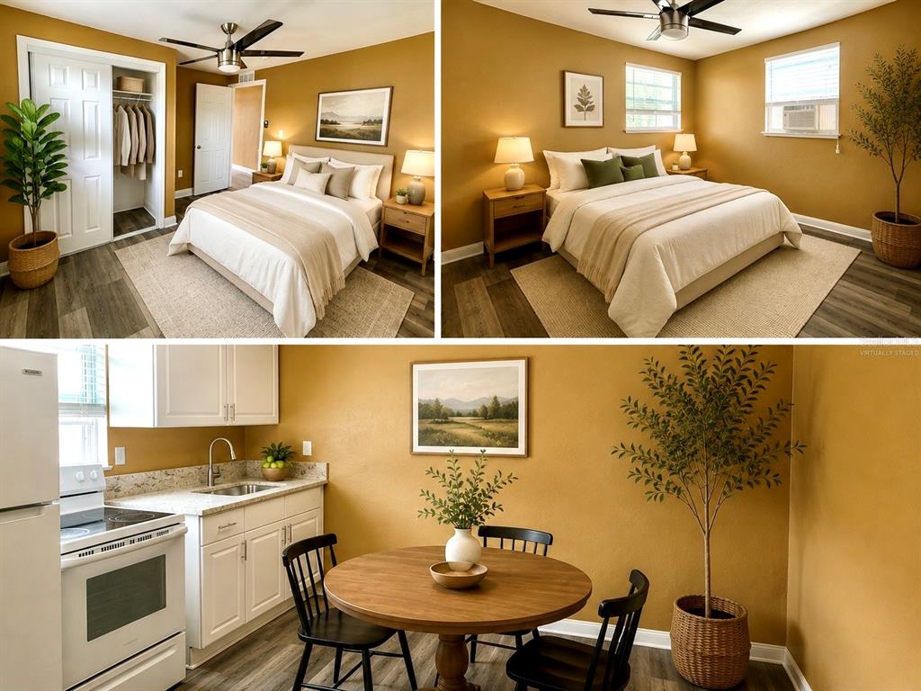 This composite image shows a bedroom and a small kitchen with a dining area — 2907 N 15TH STREET UNIT D, TAMPA, FL